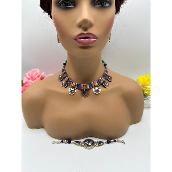 Tibetan Lapis & Coral Necklace Bracelet Earring Jewelry Set Boho Tribal - Picture 1 of 7